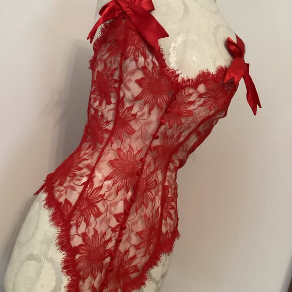 Vintage Victoria's Secret Red Lace Teddy 90s Gold Label Sheer Bodysuit SMALL - Picture 2 of 7